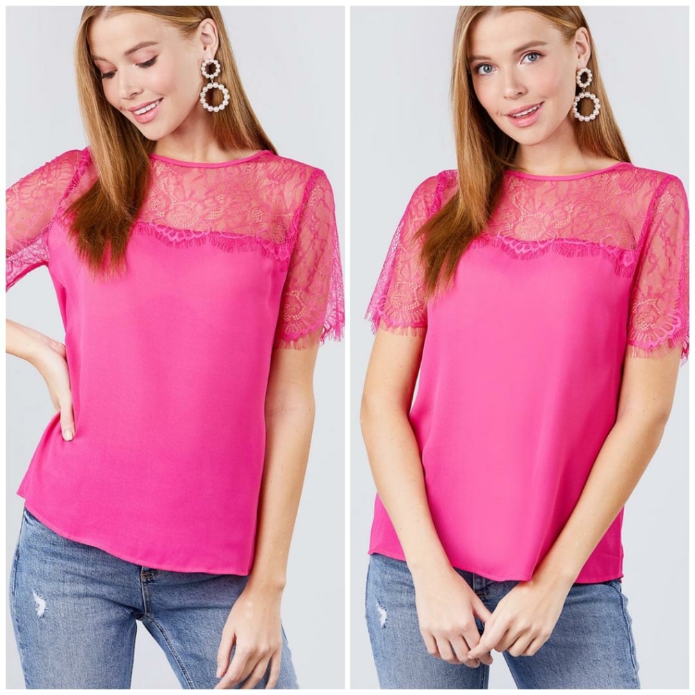 LAST ONE❗️Sophisticated Chic Hot Pink Lace Sleeves T… - Picture 3 of 4